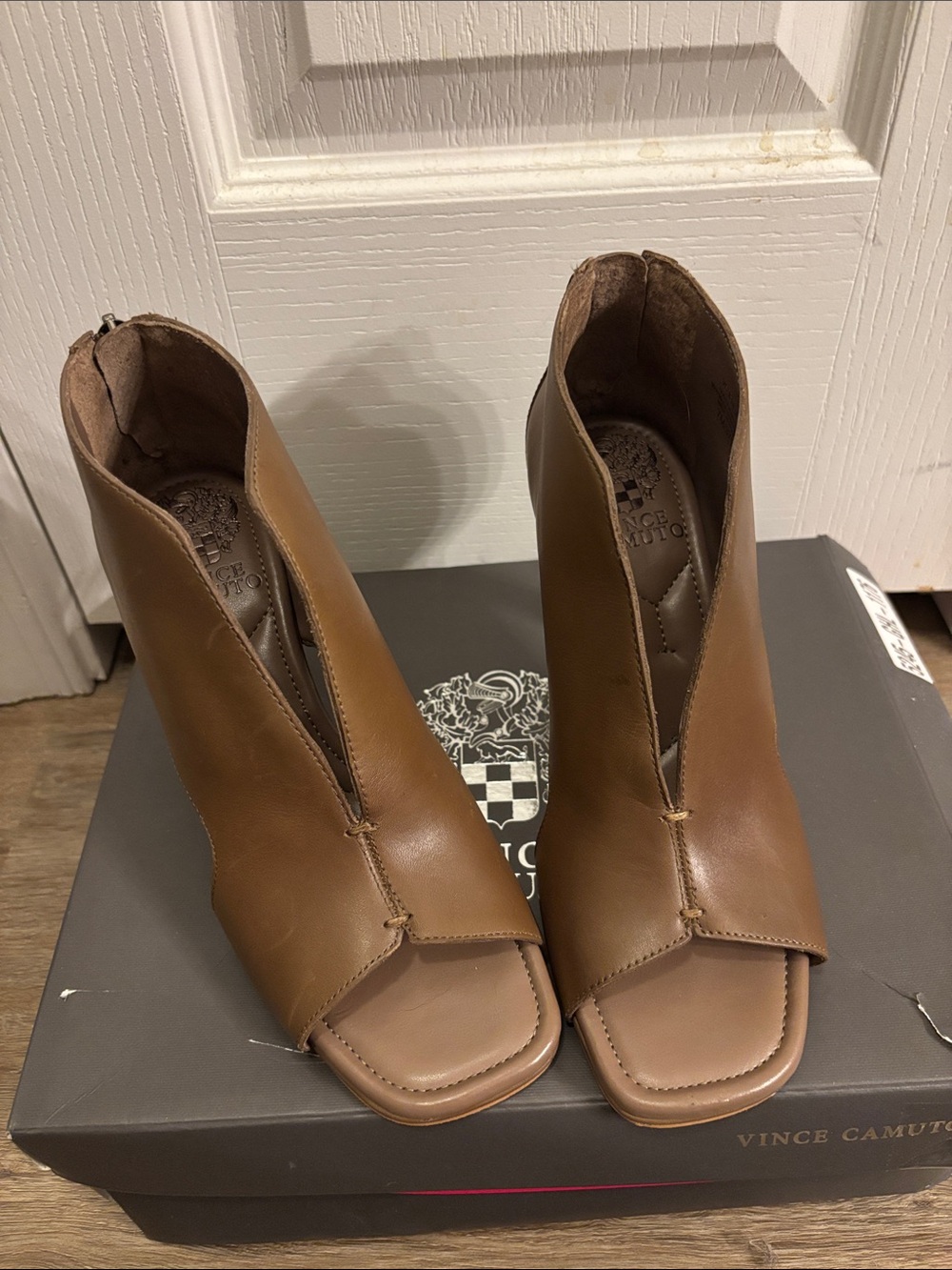 Vince Camuto Tan Brown Leather Peep-Toe Mules